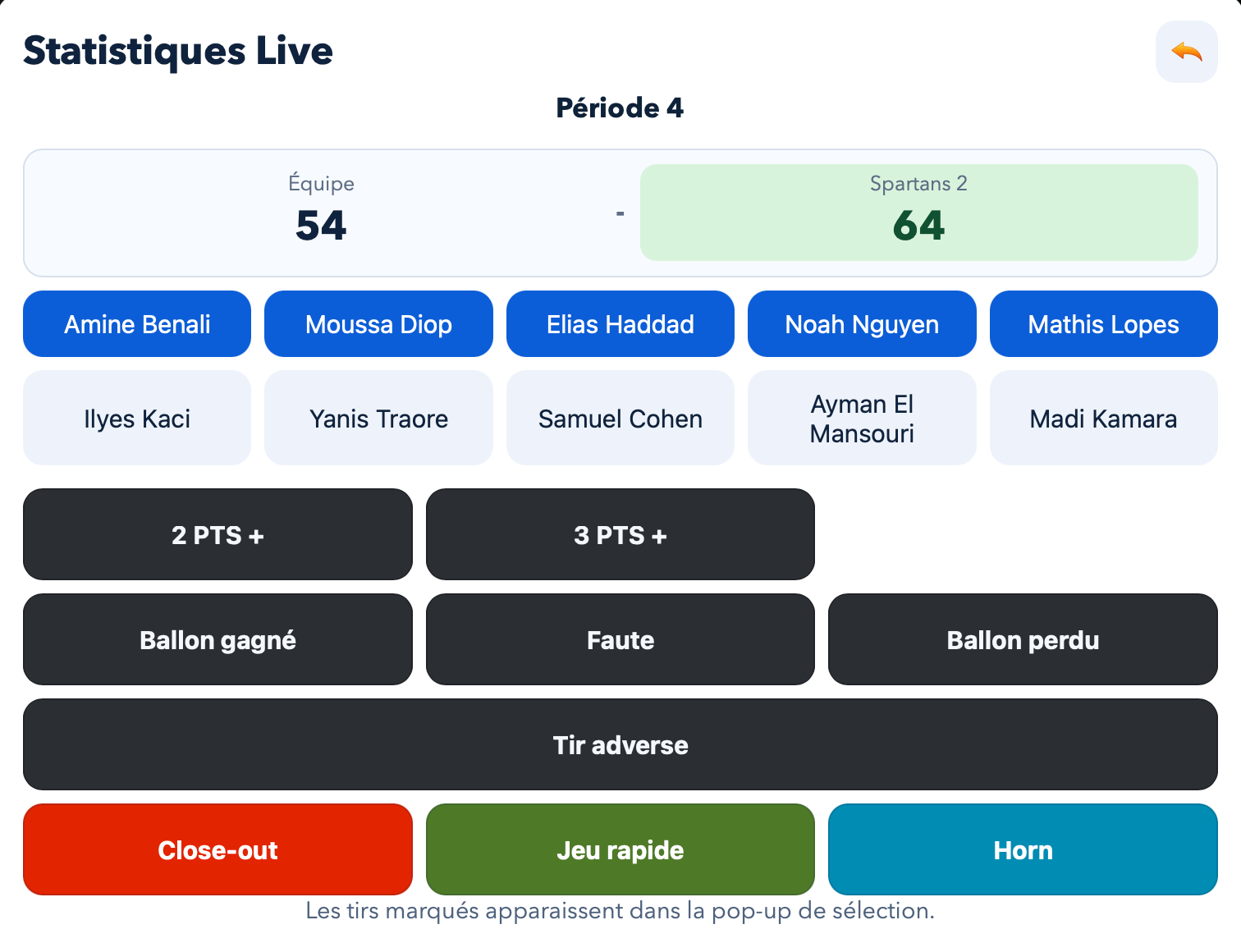 Interface statistiques live Lal'Hoops